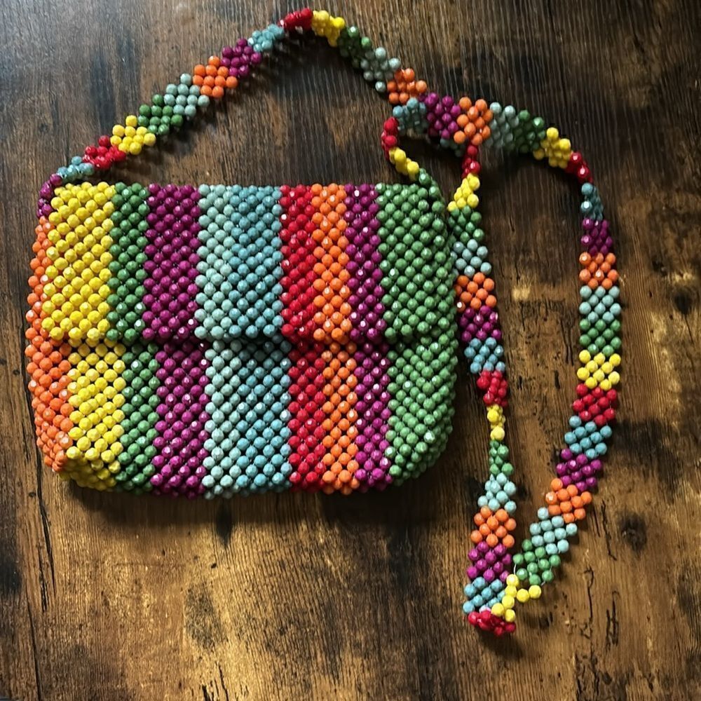 1970’s Cynthia Rowley Rainbow Stripe Beaded Multicolor Crossbody Ba.g - Picture 3 of 11